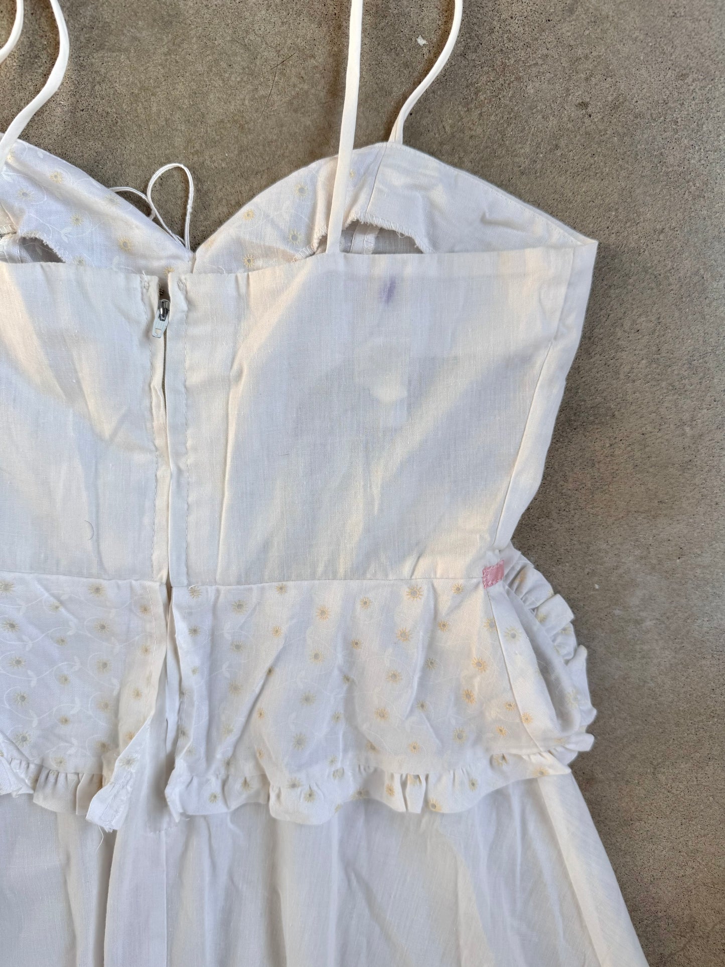 Vintage 1970s White & Pink Floral Embroidered Tie-Strap Prairie Dress | XS/S
