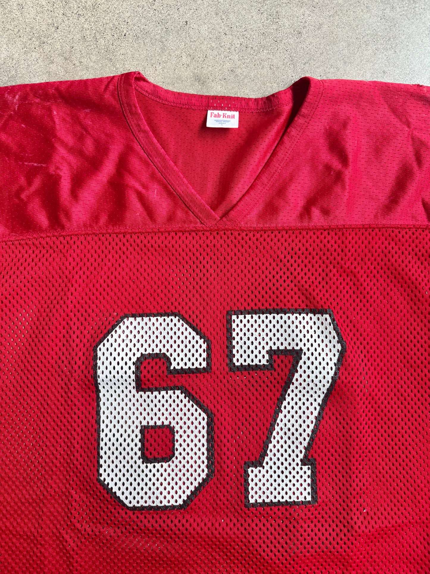 Vintage 1980s Fab-Knit Red Mesh #67 Cropped Football Jersey | Large