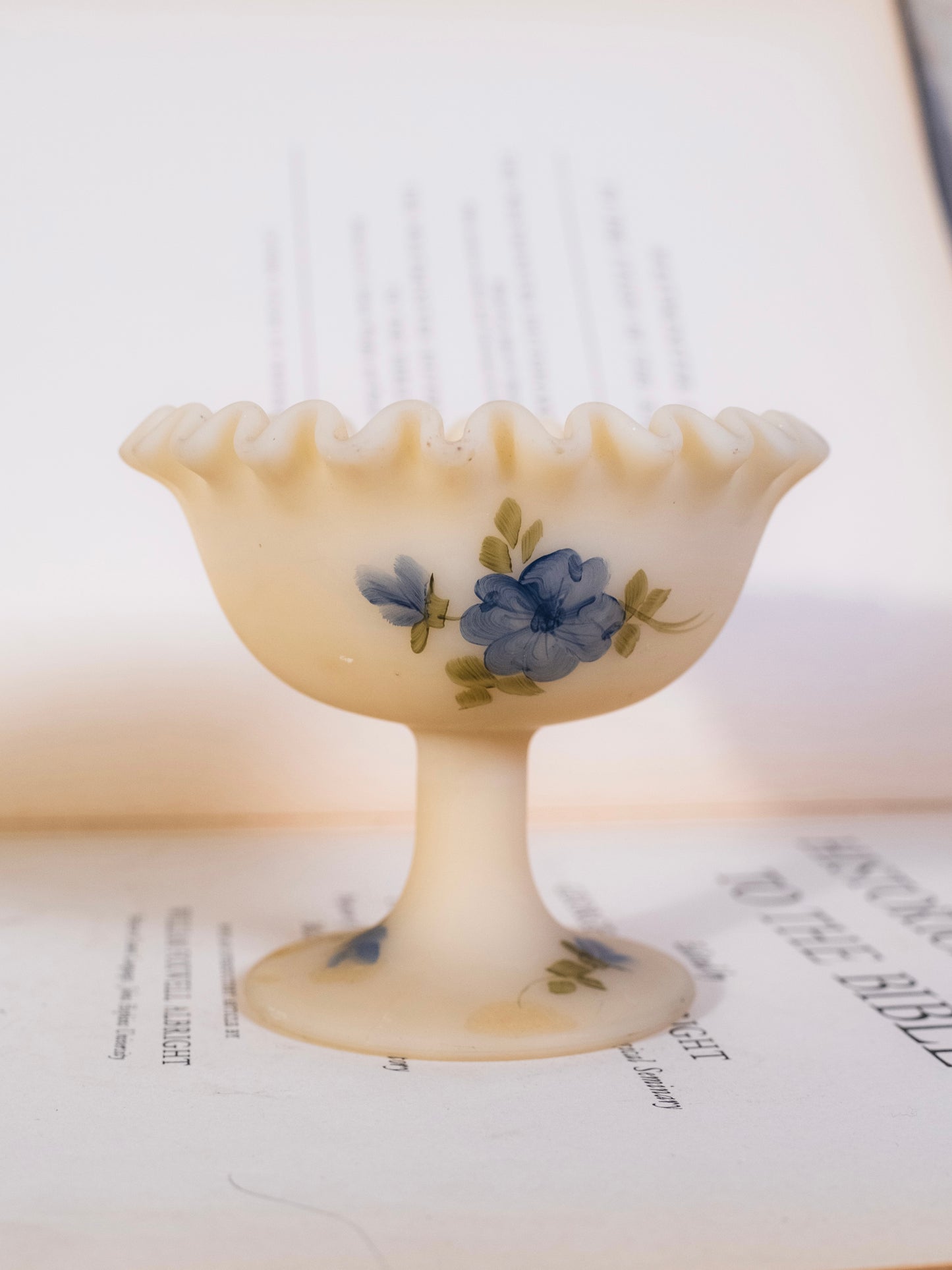 Vintage 1960s Fenton Hand-Painted Custard Satin Compote Pedestal Dish | Signed