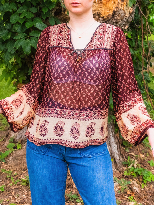 Vintage 1970s Indian Block Print 100% Cotton Gauze Peasant Blouse | Medium