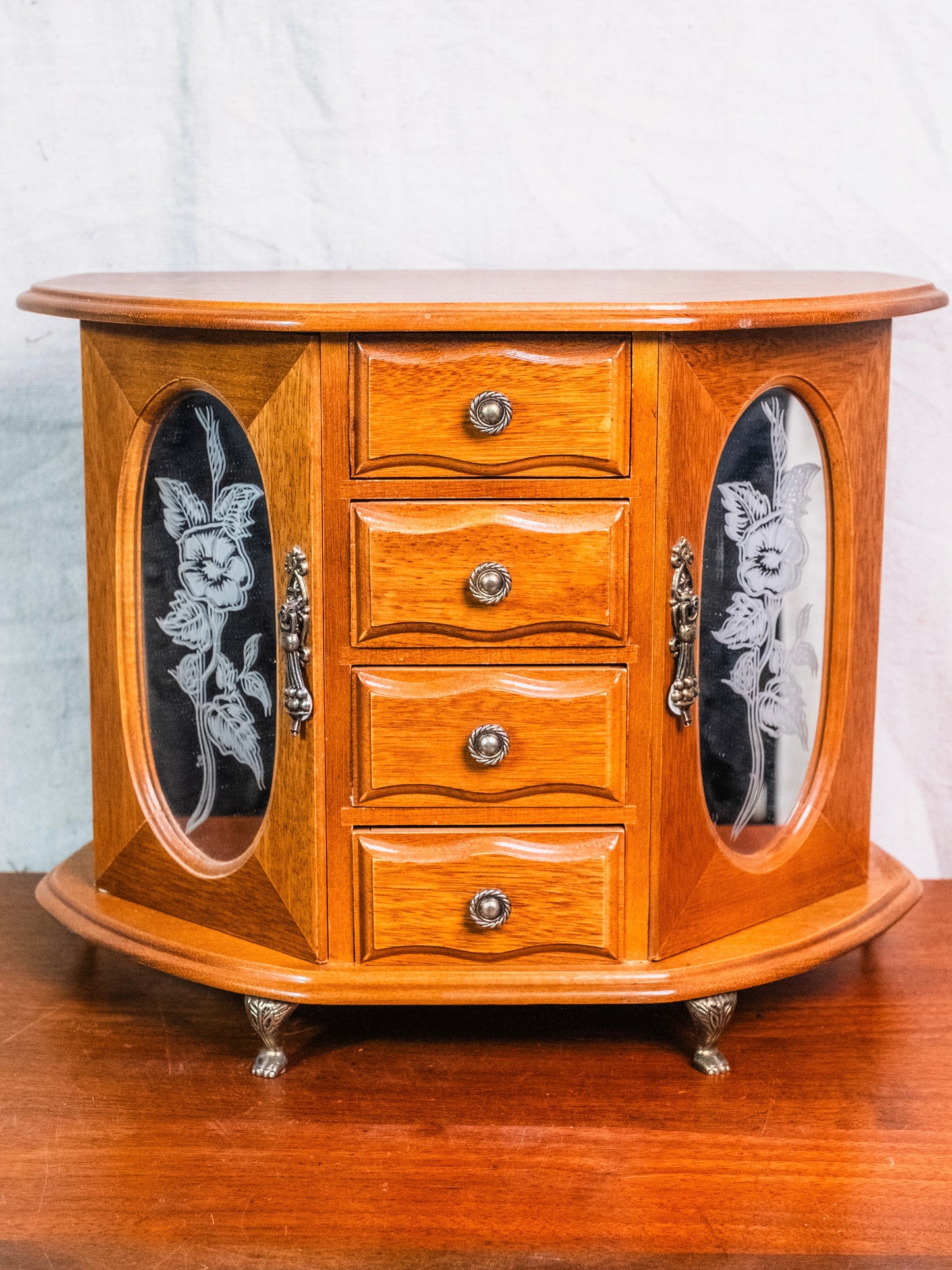 Vintage 1960s London Leather Wooden Mirrored Double Door Clawfoot Jewelry Box