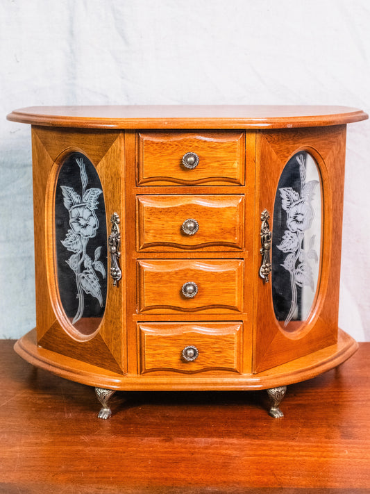 Vintage 1960s London Leather Wooden Mirrored Double Door Clawfoot Jewelry Box