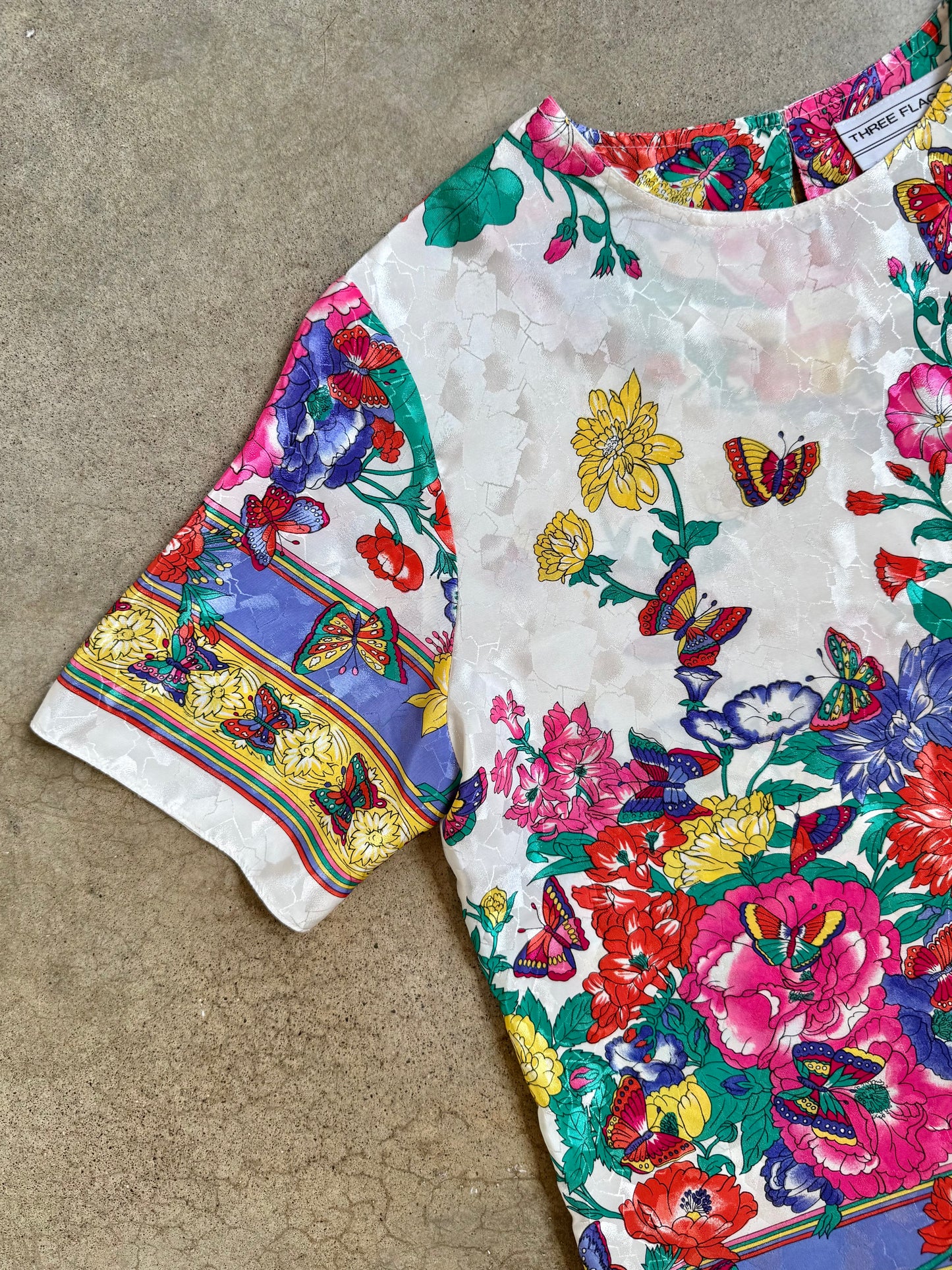Vintage 1980s Three Flaggs California Floral Butterfly Print Satin Blouse | Medium