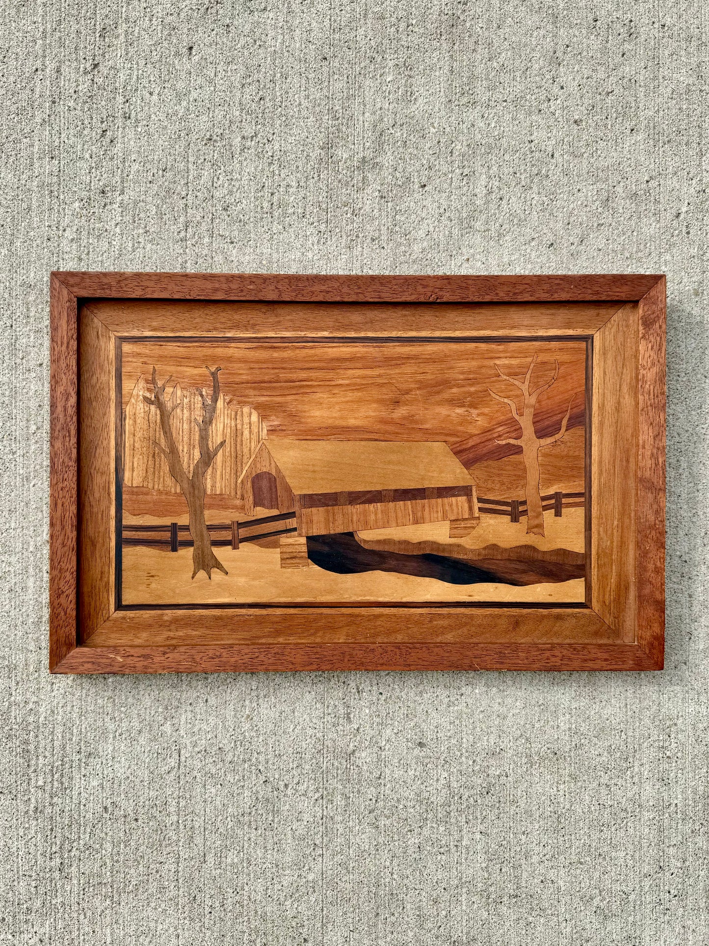 Vintage 1960s Wood Marquetry/Inlaid Winter Scene Artwork