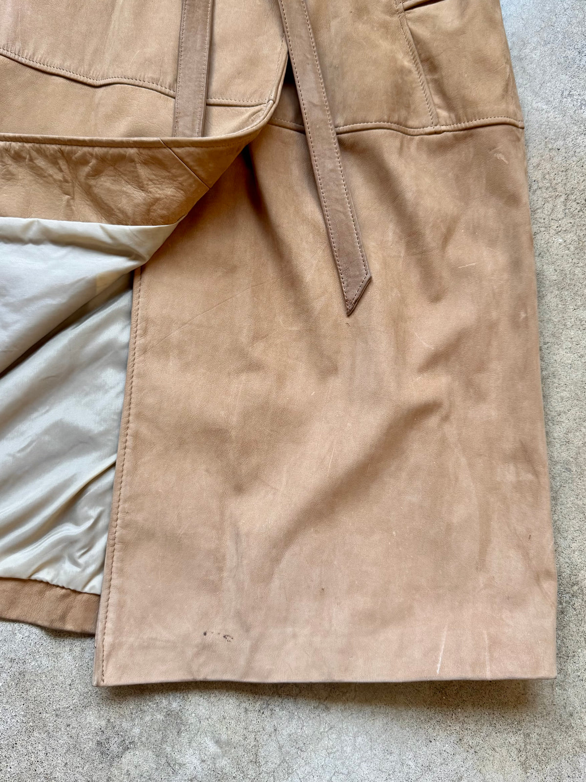 Vintage Comint Tan Suede Leather Belted Trench Coat | Small
