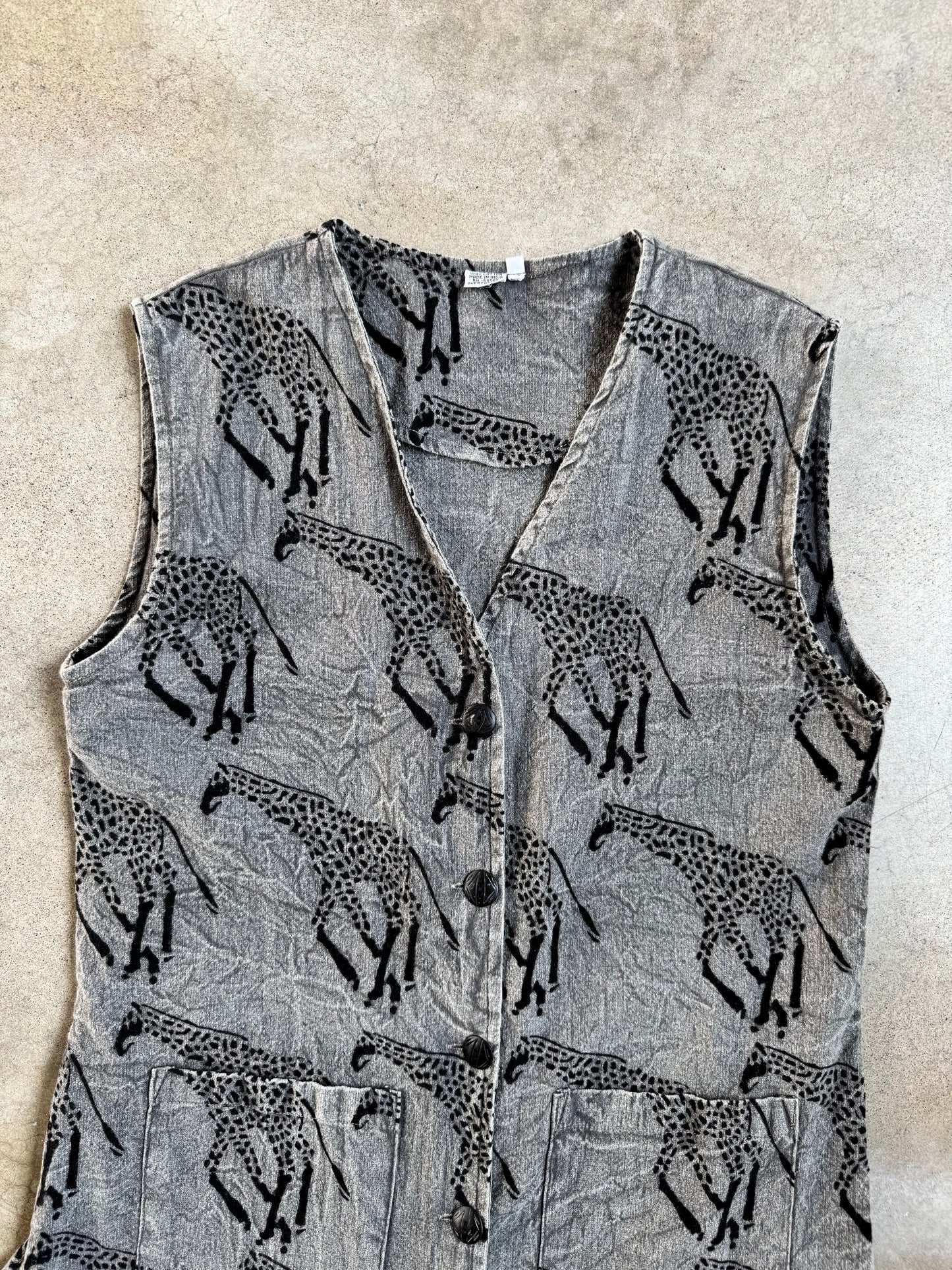 Vintage 1990s Grey Giraffe Print Cotton Sleeveless Button-Front Dress | Small