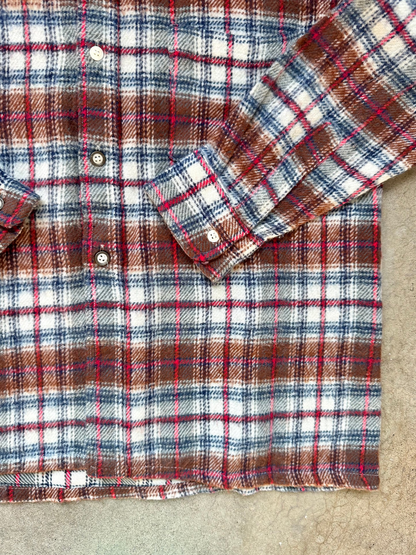 Vintage 1960s Brown & Blue Plaid Wool Flannel Shirt | Medium