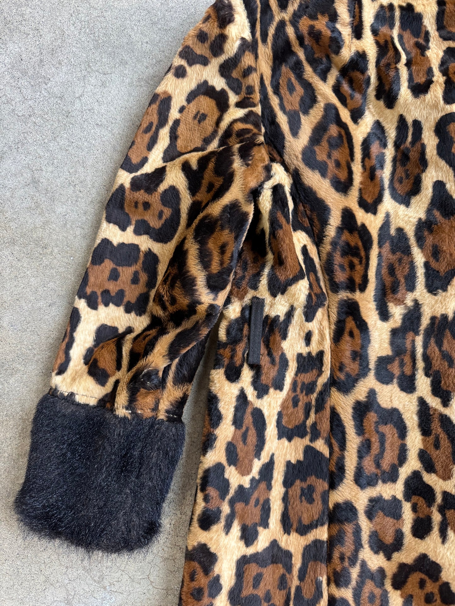 Vintage 1960s Mary Lane Faux Fur Cheetah Print Black Trim Hooded Jacket | Small