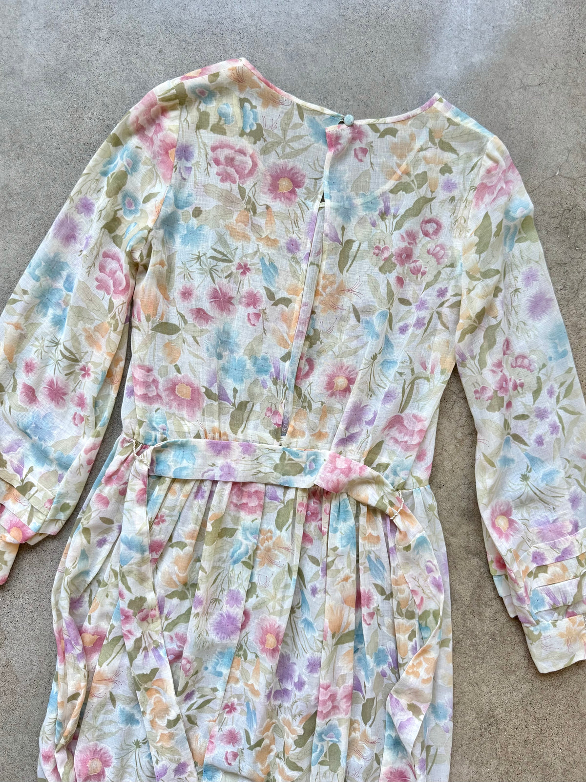 Vintage 1970s Handmade Sheer Pastel Floral Tie-Waist Maxi Dress | Small
