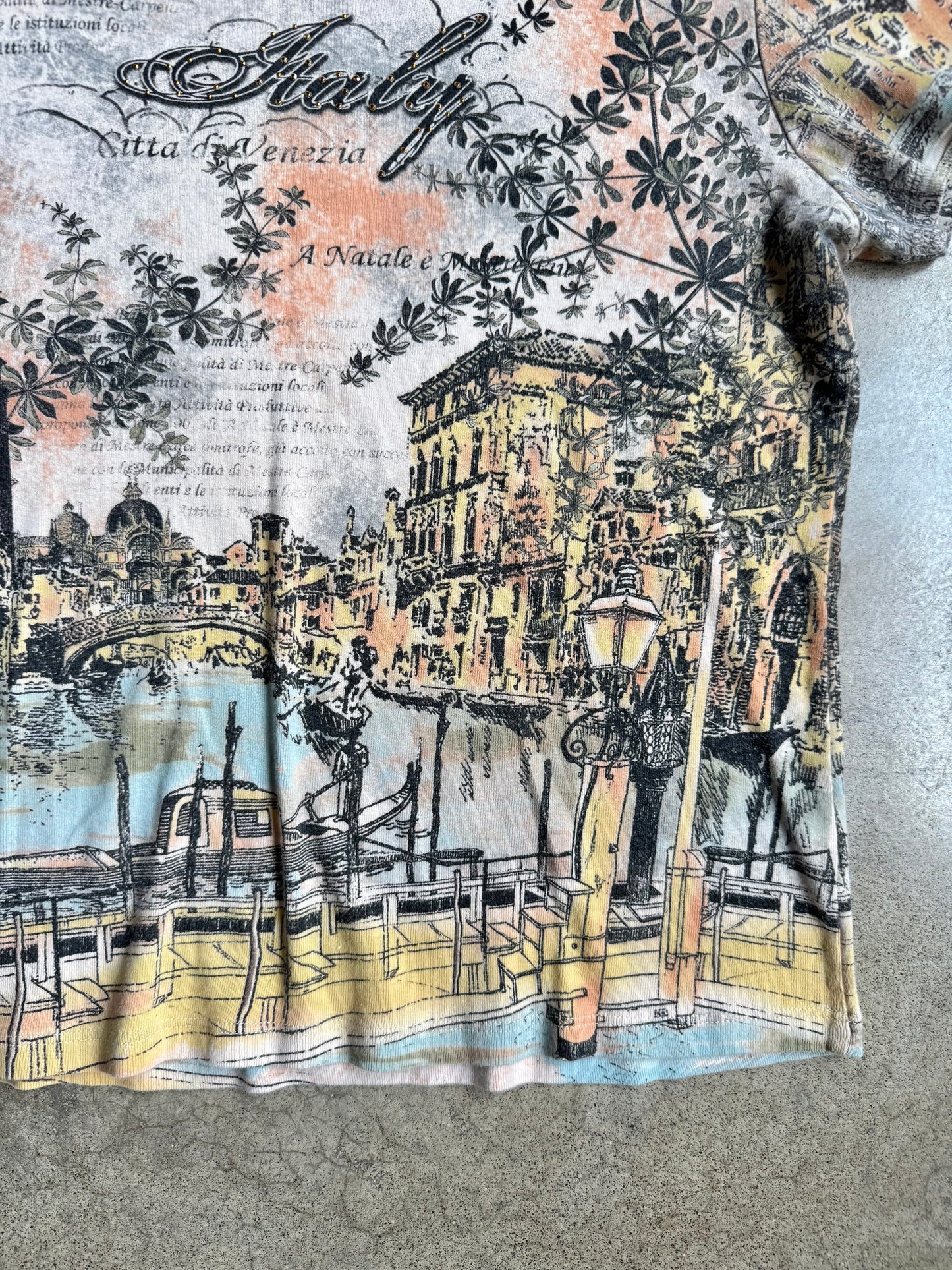 2000s Venice Italian Postcard Print Short Sleeve Tee | XL