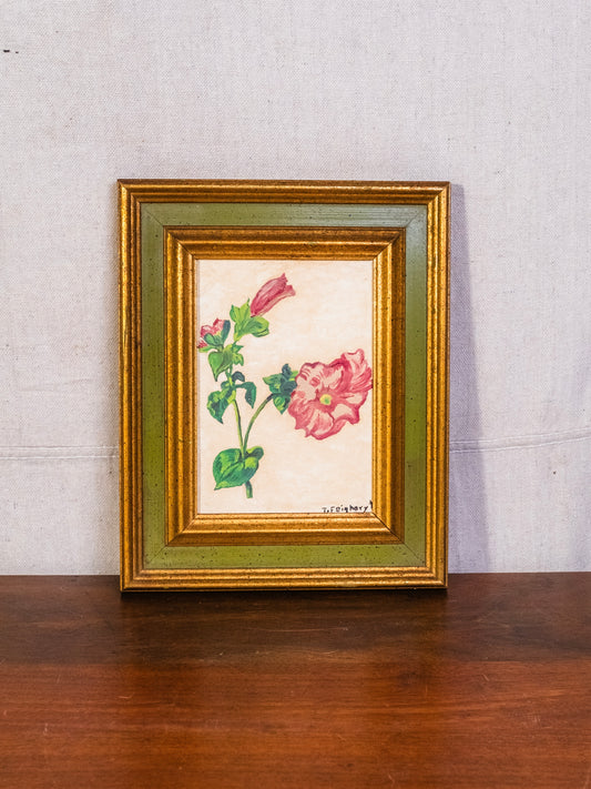 Vintage 1950s Wood Framed Snapdragon Flower Oil Painting | Signed