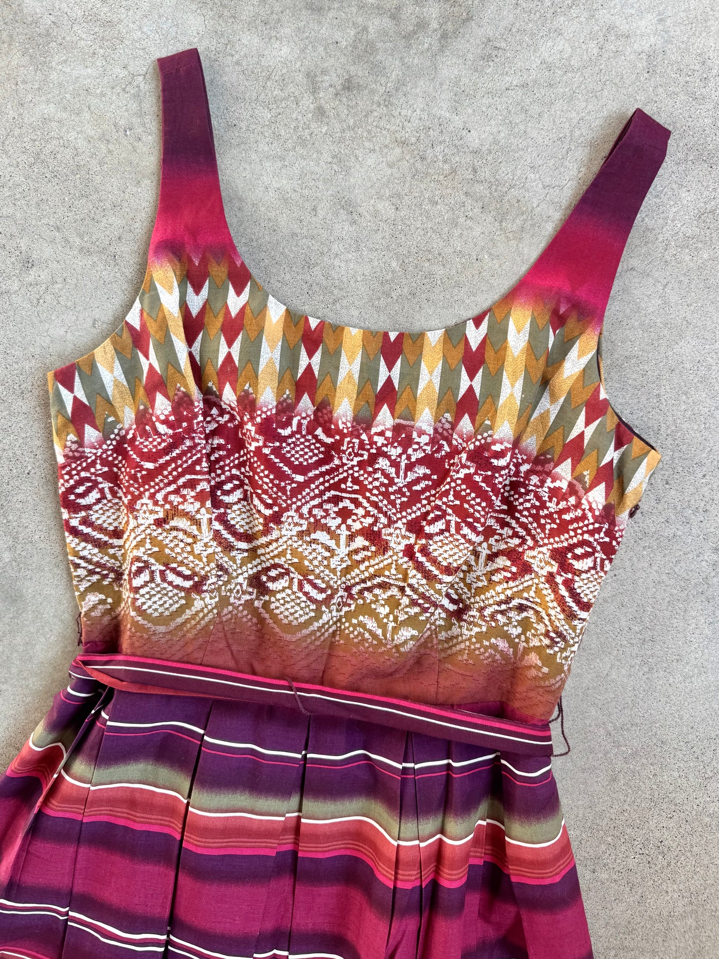 2000s K Studio Southwestern Tie-Waist Pleated Cotton Dress | M/L