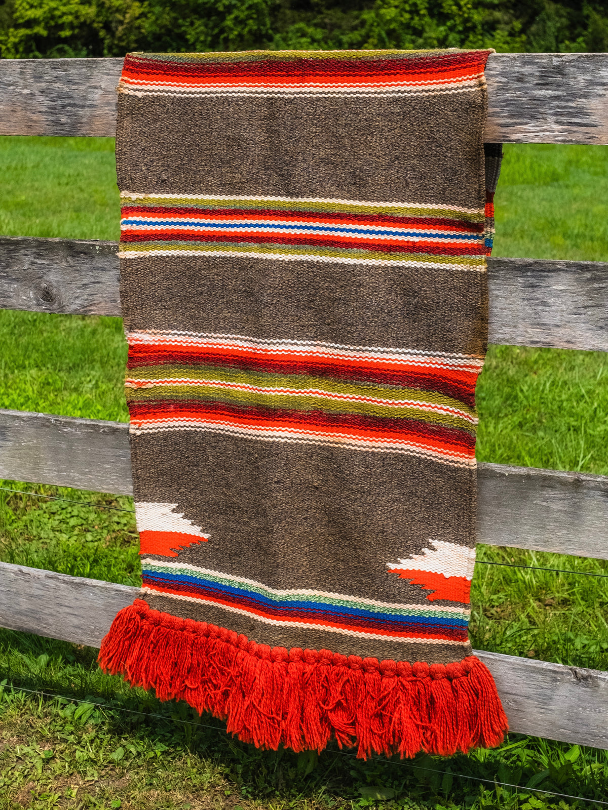 Vintage Southwestern Woven Wool Fringe Trim Chimayo Rug