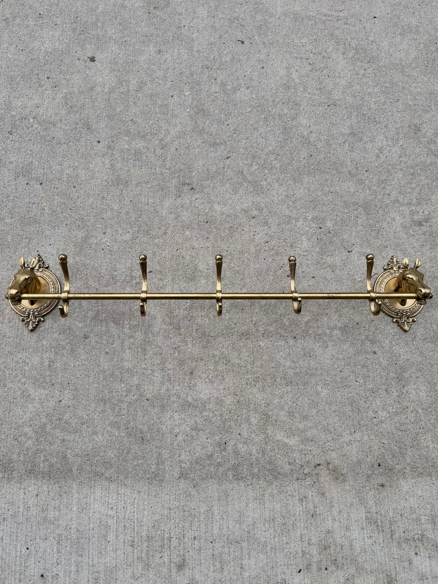 Vintage 1950s Solid Brass Horse Head Five Prong Wall-Mounted Coat Rack