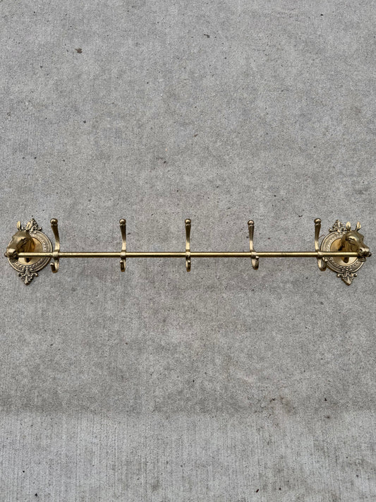 Vintage 1950s Solid Brass Horse Head Five Prong Wall-Mounted Coat Rack