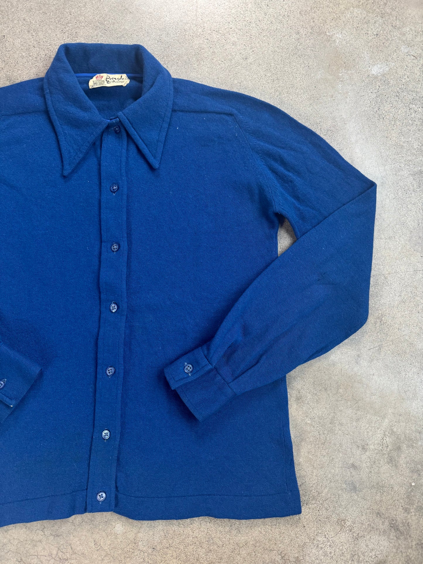 Vintage 1950s Pringle 100% Scottish Cashmere Blue Knit Button-Up Shirt | 36