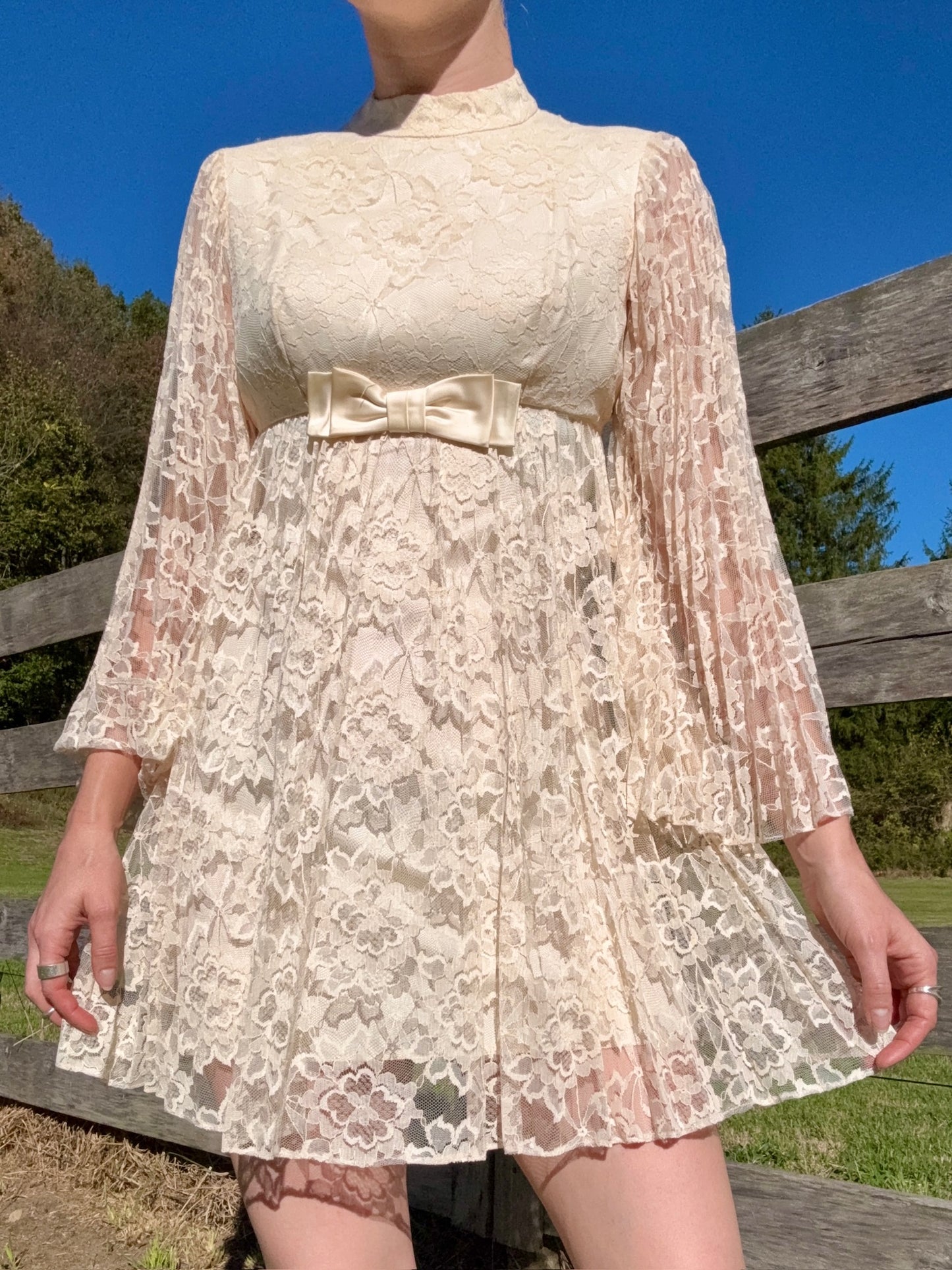 Vintage 1960s Ivory Lace Pleated Bell Sleeve Babydoll Mini Dress | XS
