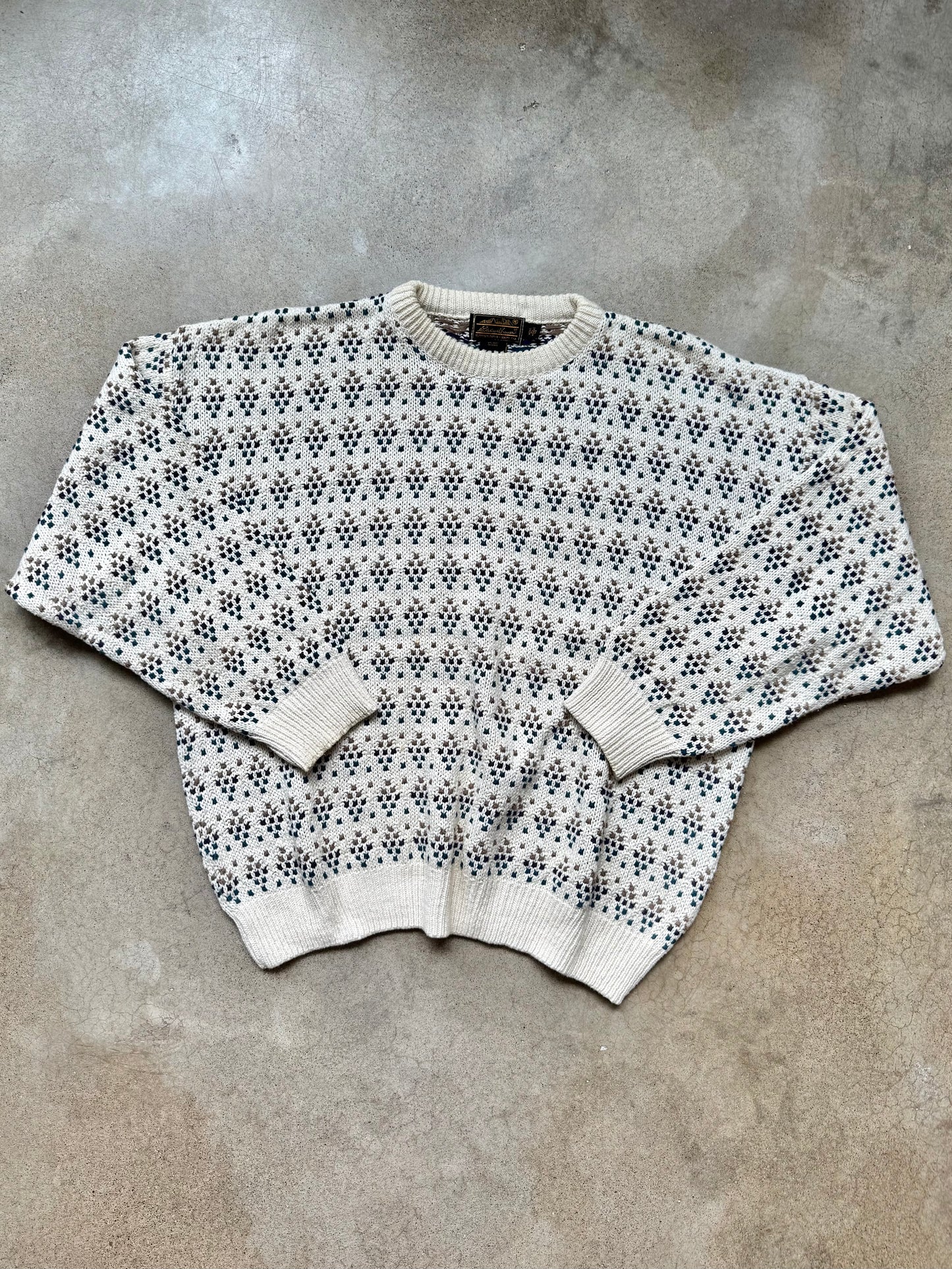 Vintage 1990s Eddie Bauer Cream Patterned Knit Cotton Crewneck Sweater | XL