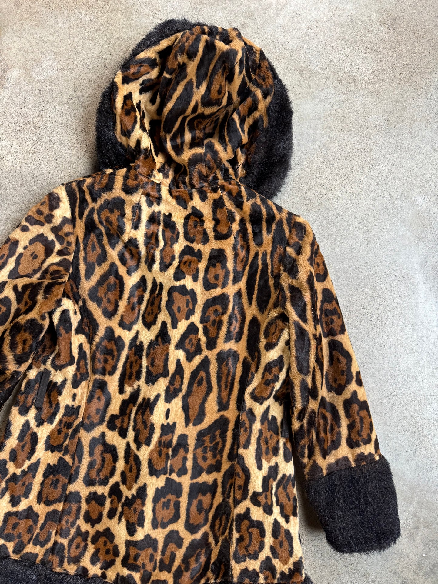 Vintage 1960s Mary Lane Faux Fur Cheetah Print Black Trim Hooded Jacket | Small