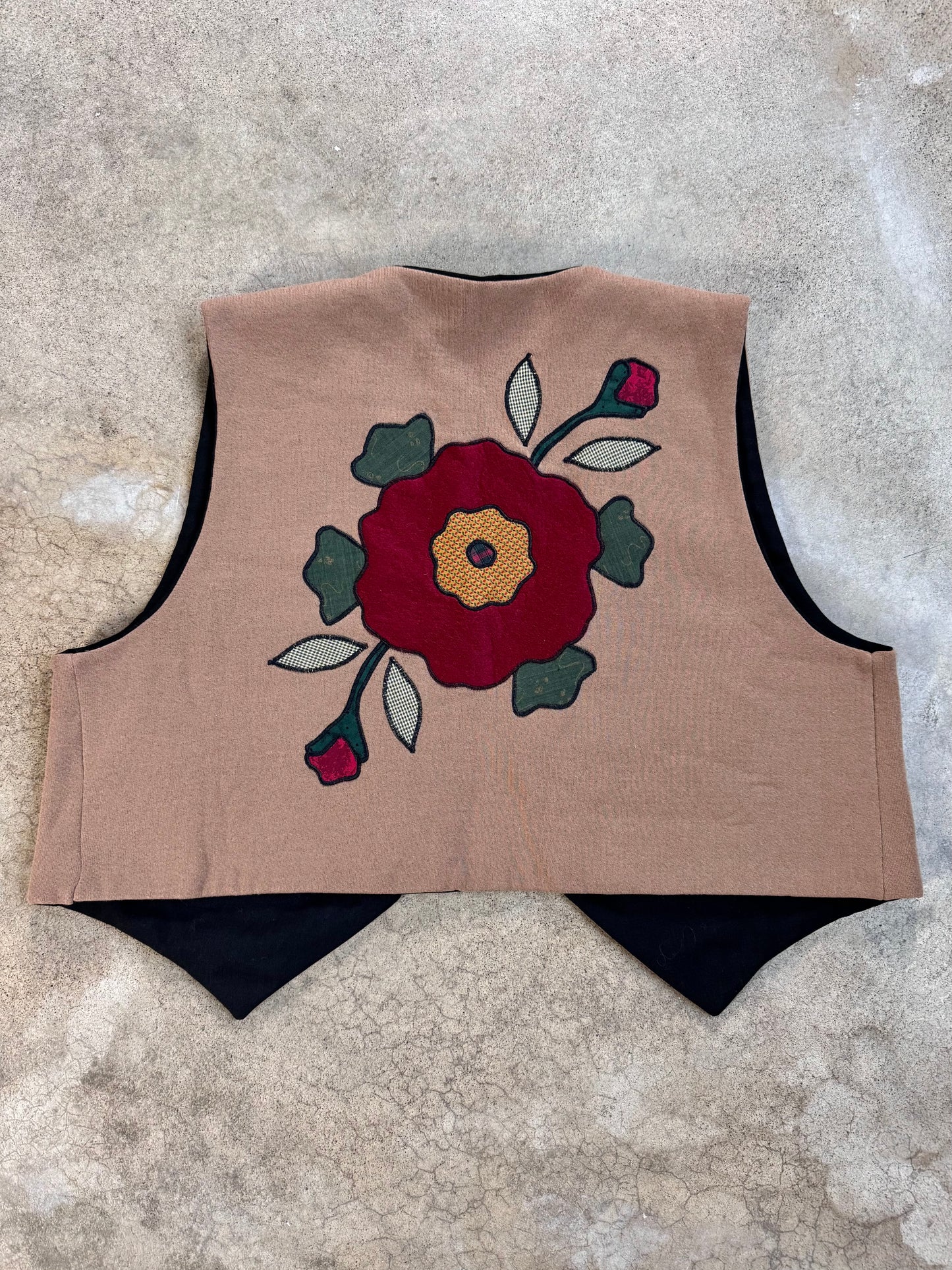 Vintage 1980s Handmade Brown Floral Patched Vest | XL