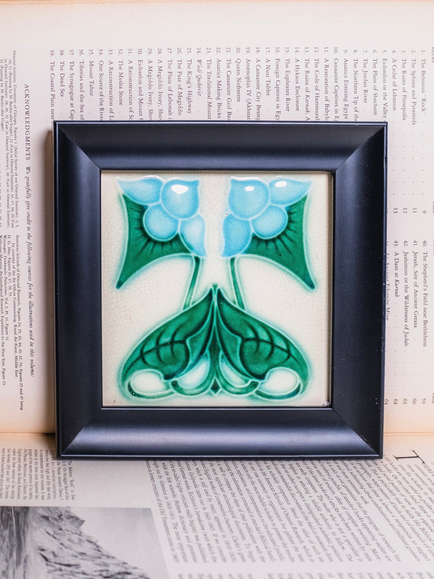Antique-Style Art Nouveau Blue Flower Tile Art