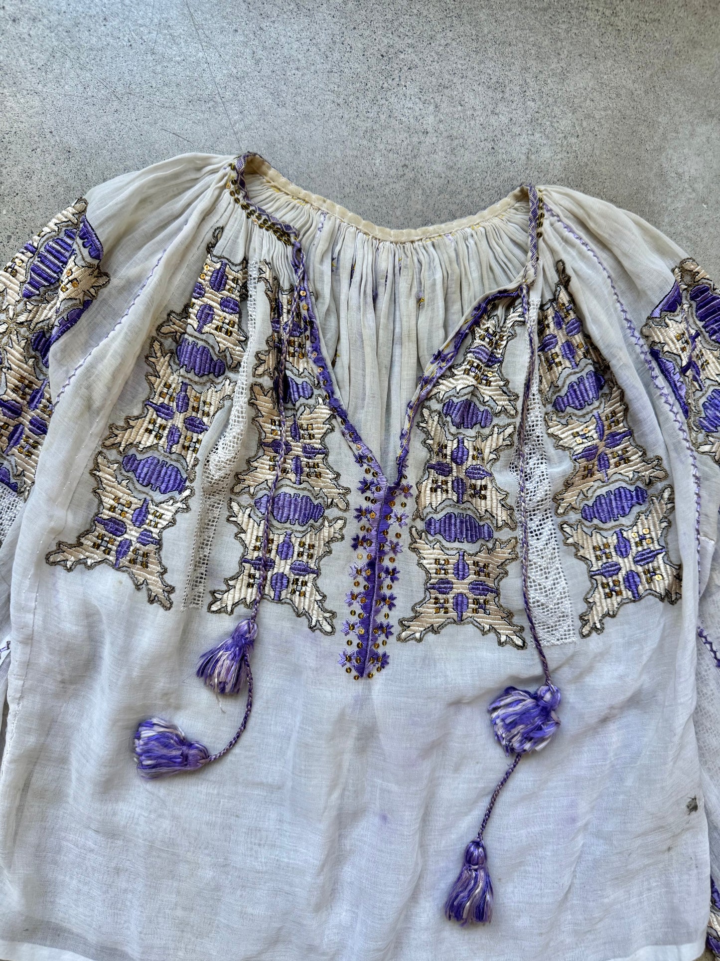 Vintage Romanian Folk Embroidered Gauze Peasant Blouse | Small