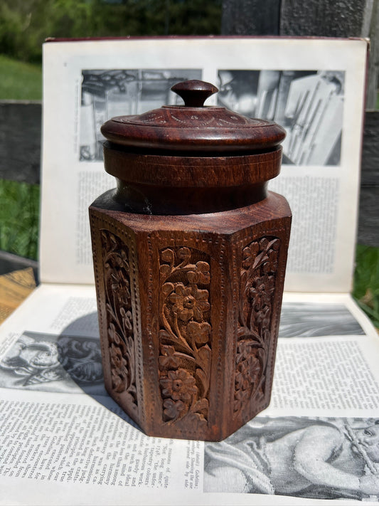 Vintage 1950s Hand-Carved Floral Teakwood Tea/Tobacco Canister