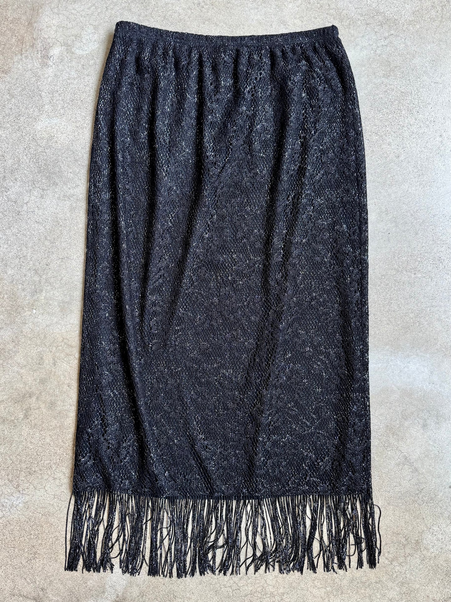 Vintage Ashley Stewart Black & Silver Metallic Crochet Fringe Maxi Skirt | L/XL