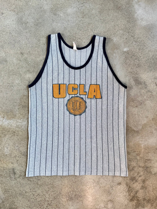 Vintage 1980s Grey & Blue UCLA Striped Mesh Tank Top | Large