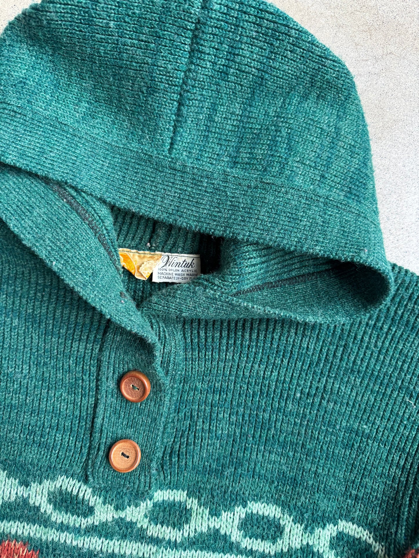 Vintage 1960s Sabra Wintuk Green Southwest Pattern Hooded Sweater | Small