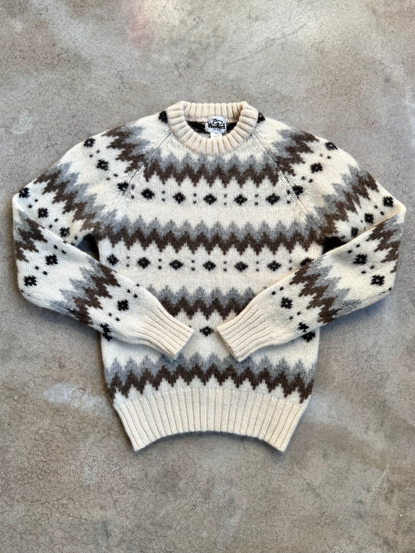 Vintage 1980s Woolrich Neutral Fair Isle Wool Knit Sweater | Medium