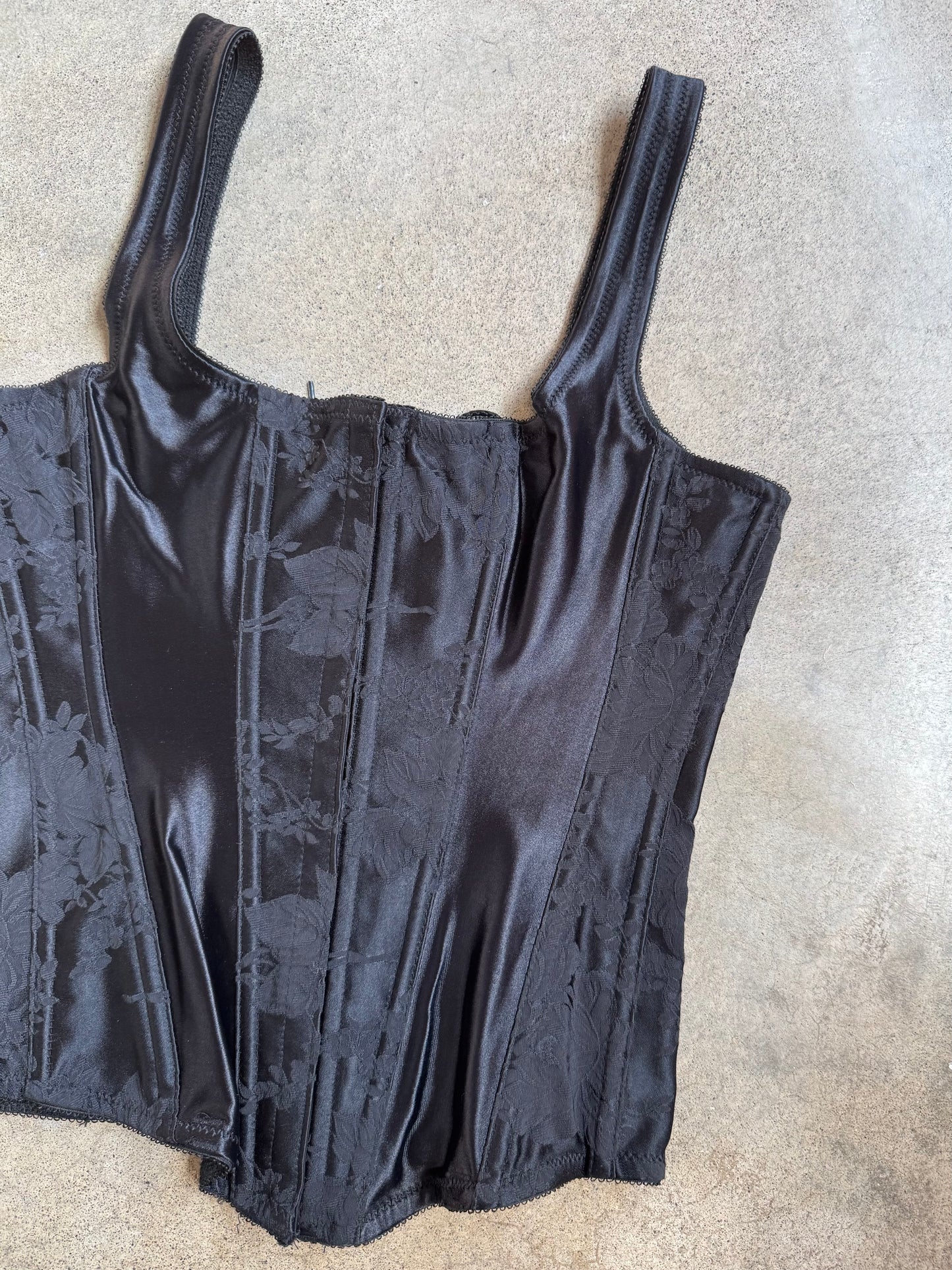 Vintage 1970s Black Satin Floral Jacquard Corset Top | 34