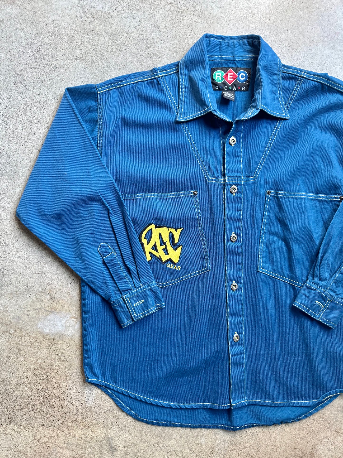 Vintage 1990s Rec Gear Embroidered Blue Button-Up Utility Shirt | Large