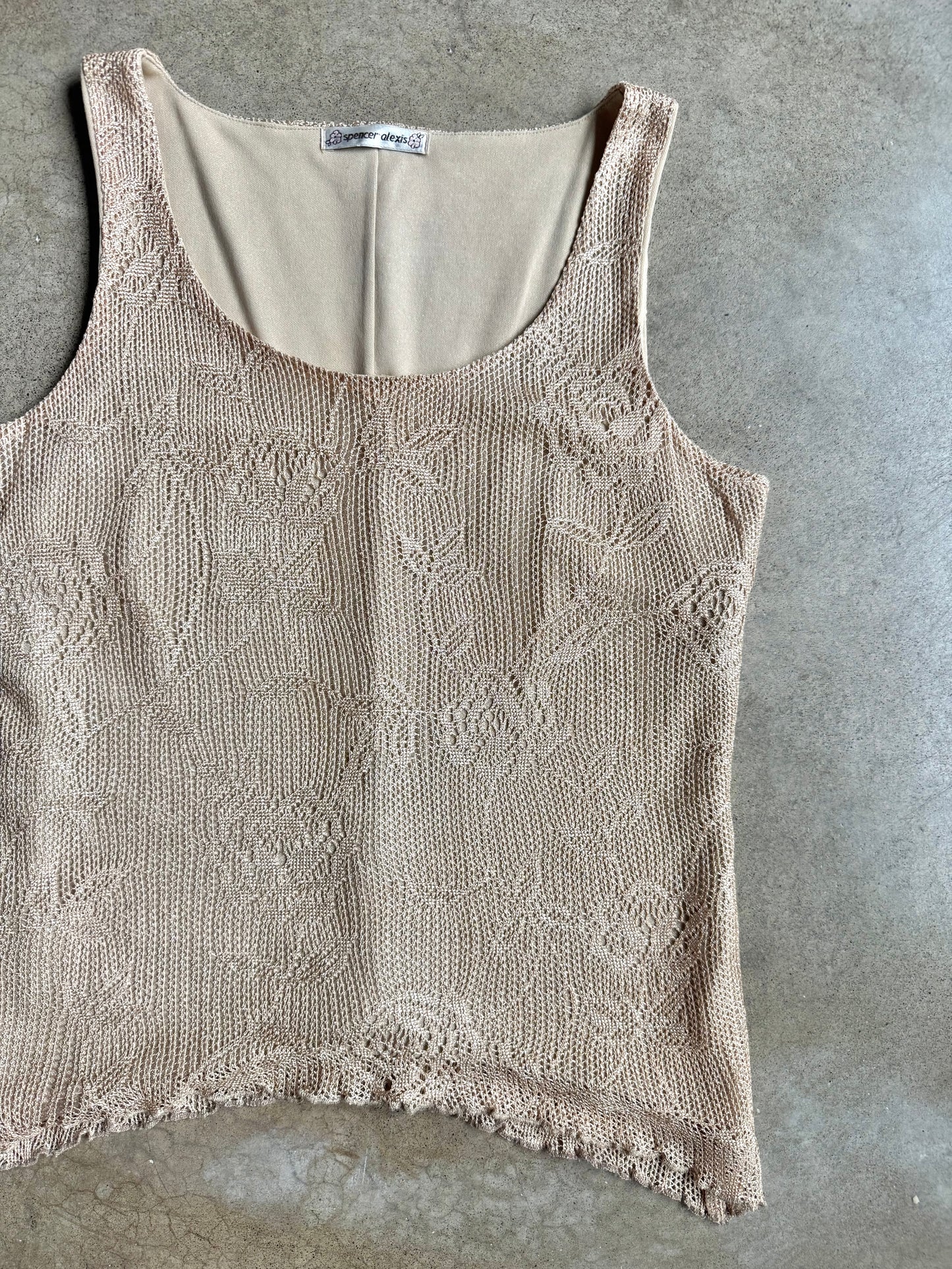 Vintage 1990s Spencer Alexis Gold Metallic Crochet Two-Piece Skirt Set | Small
