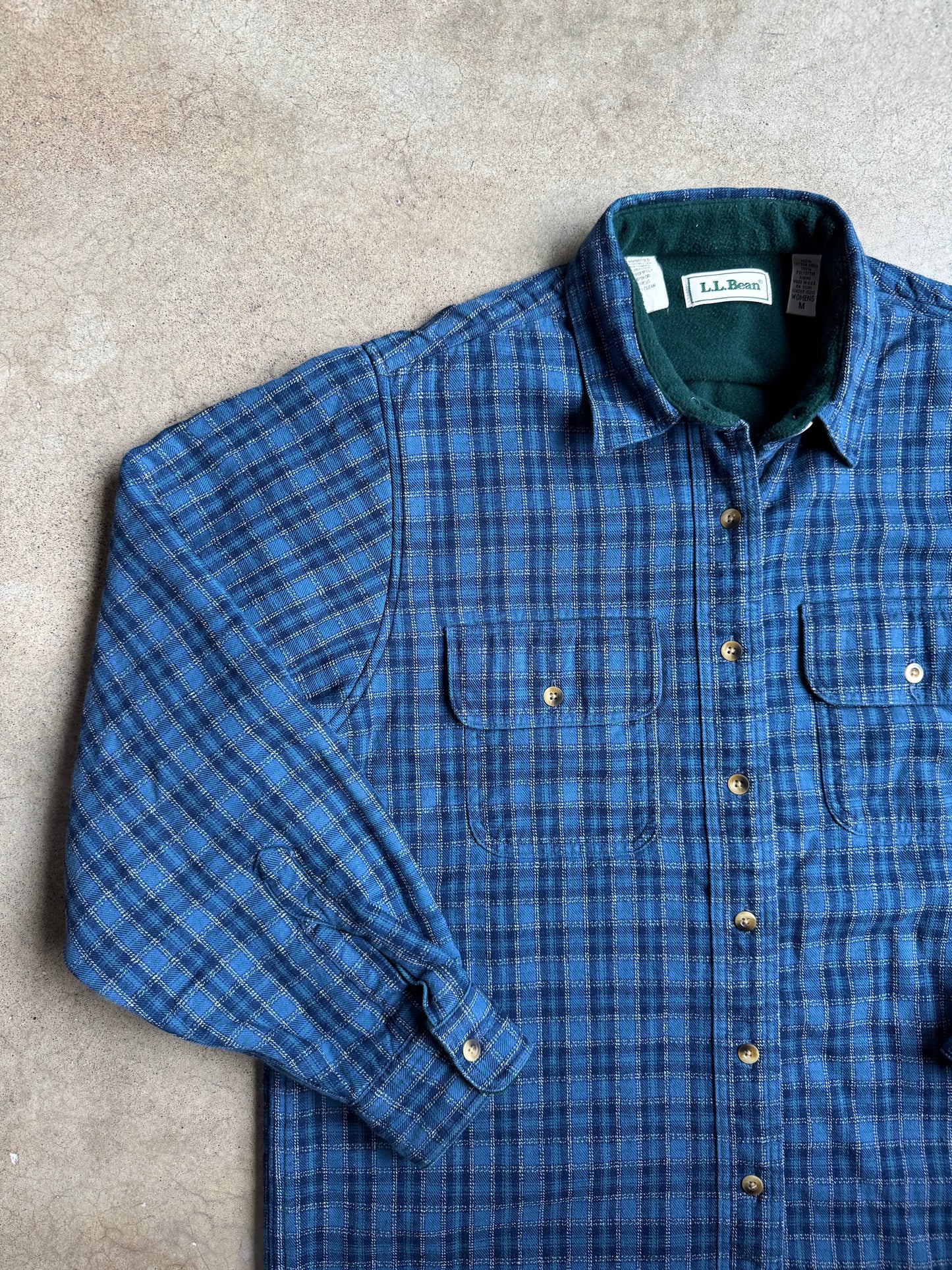 Vintage 1990s L.L. Bean Blue Plaid Fleece Lined Flannel Shirt | Medium