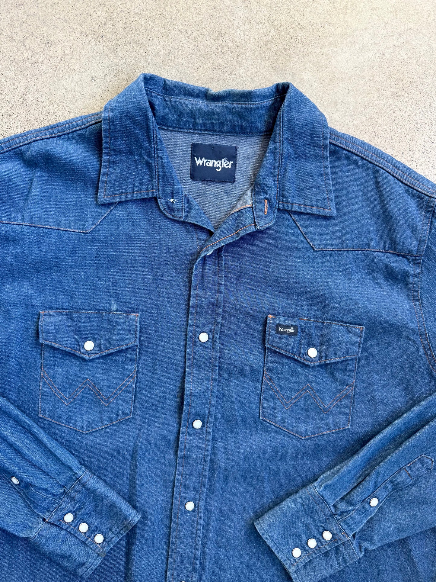 Vintage 1980s Wrangler Western Pearl Snap Denim Shirt | XXL