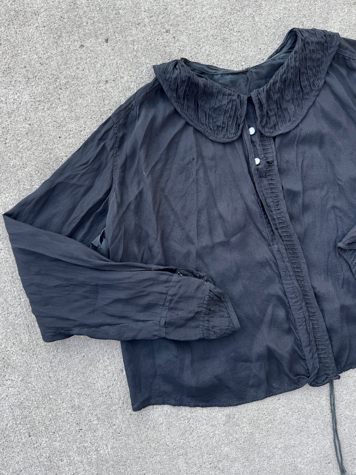 Antique 1910-20s 100% Silk Black Sheer Blouse | Large