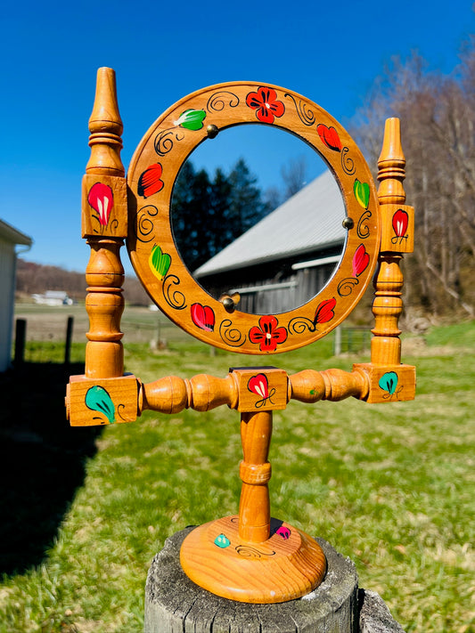 Wood Carved Mexico Painted Folk Art Vanity Mirror