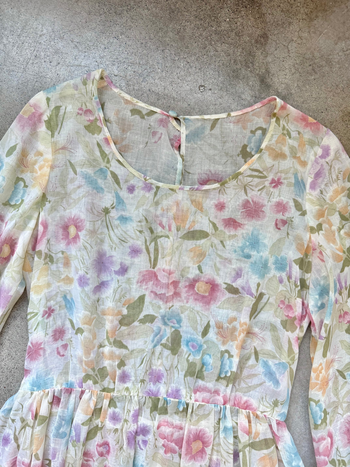 Vintage 1970s Handmade Sheer Pastel Floral Tie-Waist Maxi Dress | Small