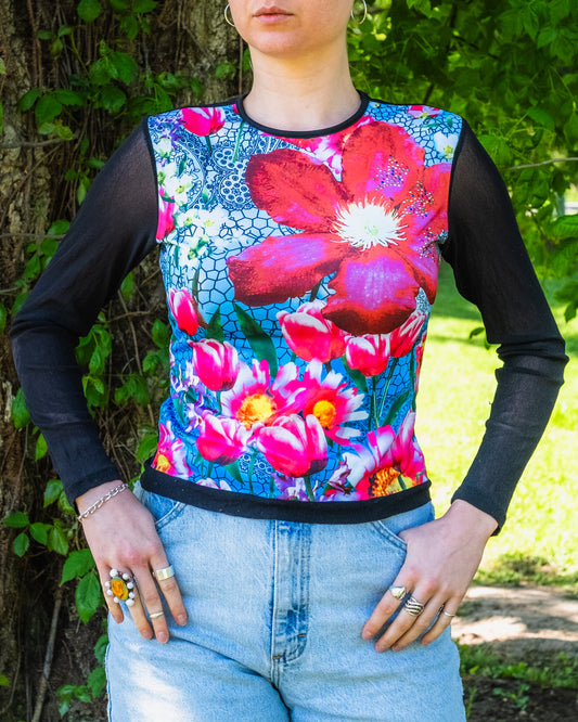 Vintage 1990s No Boundaries Mesh Sleeve "Flower Power" Top | Medium