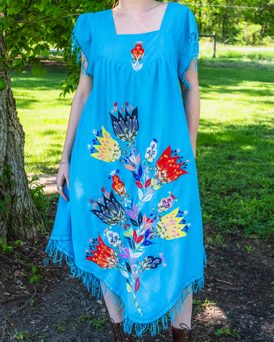 Vintage 1970s Mexican Floral Embroidered Fringe Trim Cotton Dress | M/L