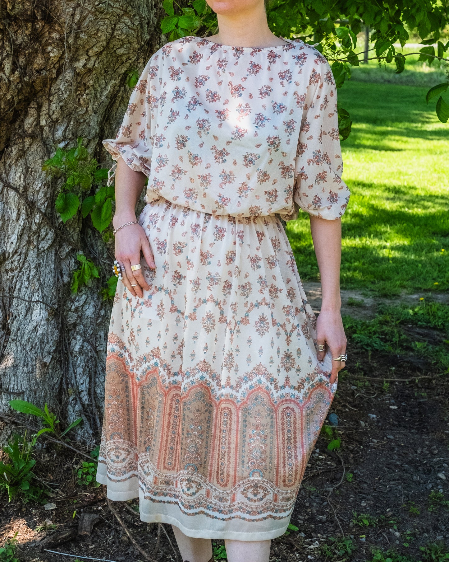 Vintage 1970s Cream Floral Print Puff Sleeve Sheer Midi Dress | Medium