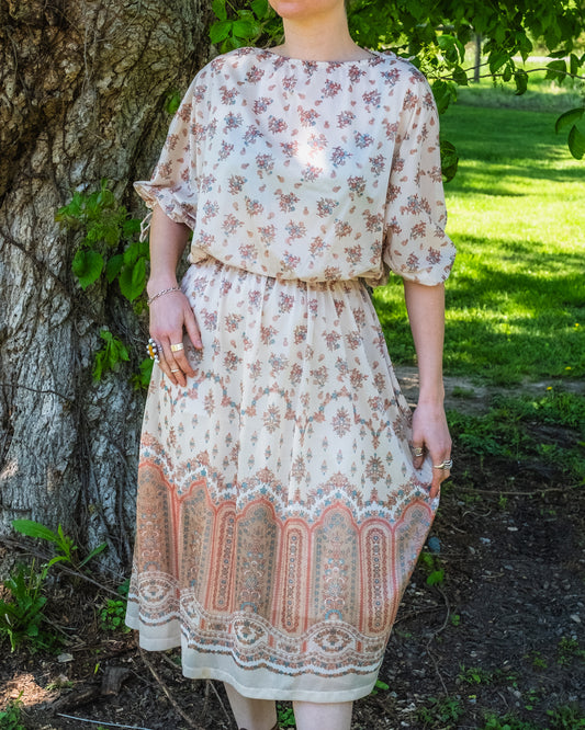 Vintage 1970s Cream Floral Print Puff Sleeve Sheer Midi Dress | Medium