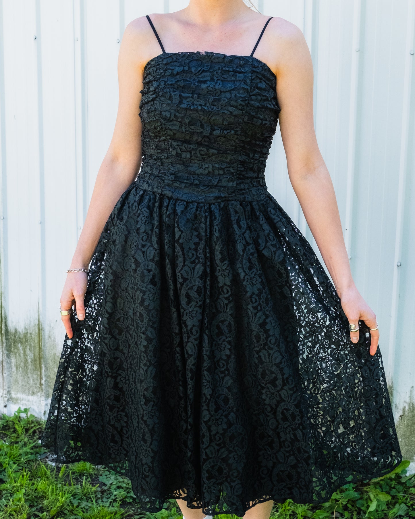 Vintage 1980s Black Floral Lace Tea-Length Formal Dress | XS