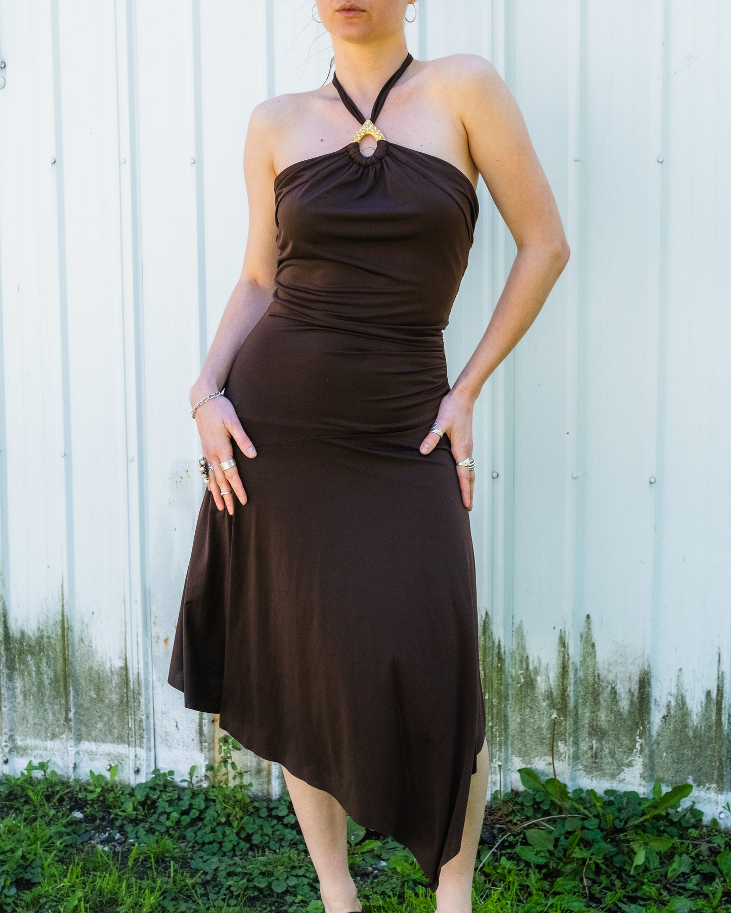Vintage 1990's Brown Asymmetrical Halter Dress