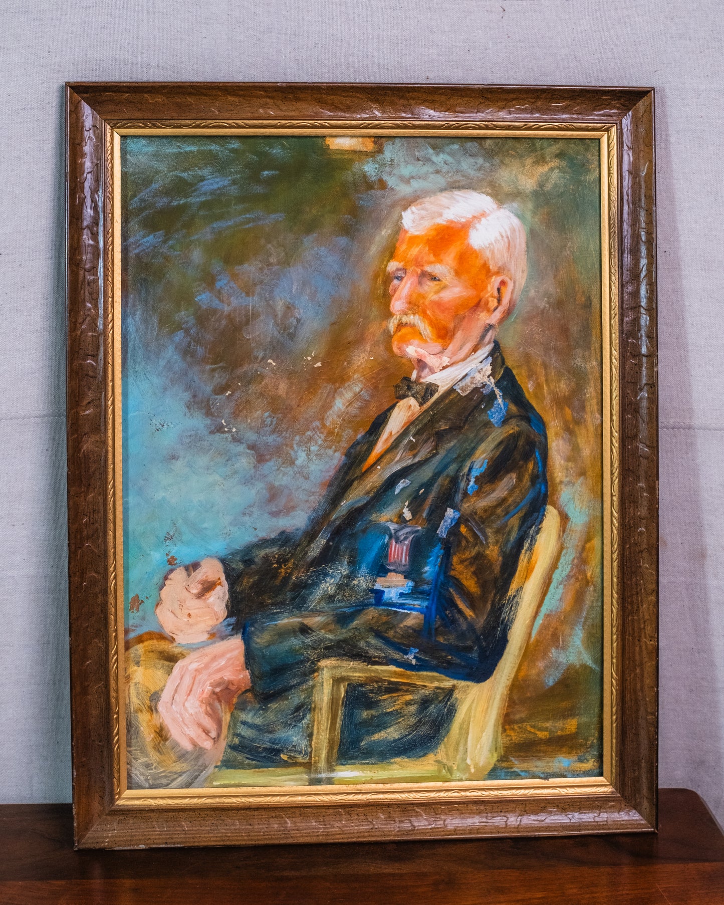 Vintage 1940s Framed Military Veteran Portrait Oil on Board Painting