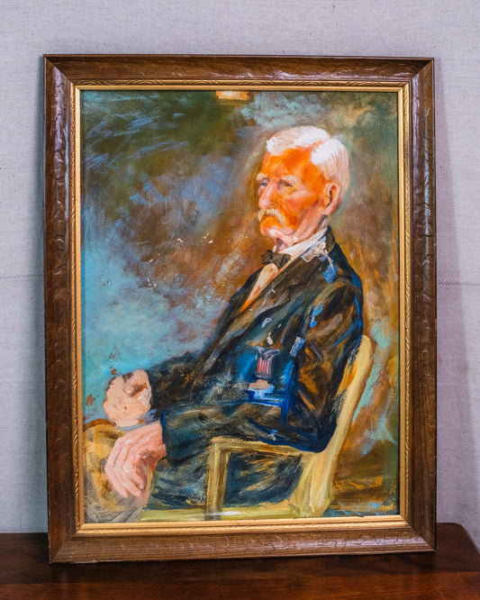 Vintage 1940s Framed Military Veteran Portrait Oil on Board Painting