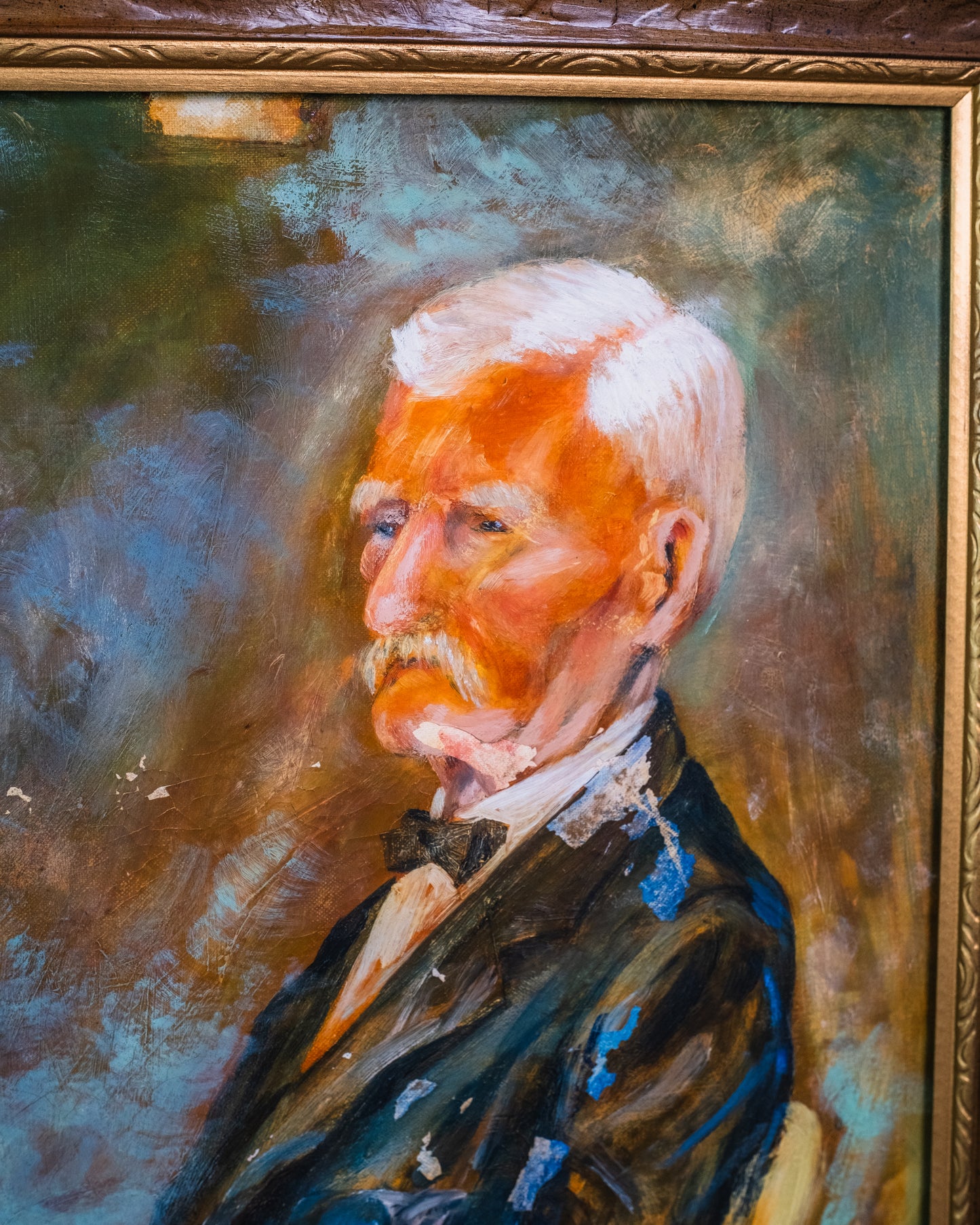 Vintage 1940s Framed Military Veteran Portrait Oil on Board Painting