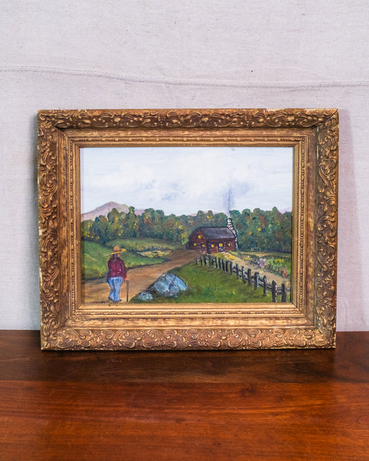 Vintage 1950s Framed "Man & His Cottage " Oil on Canvas Folk Art Painting | Signed