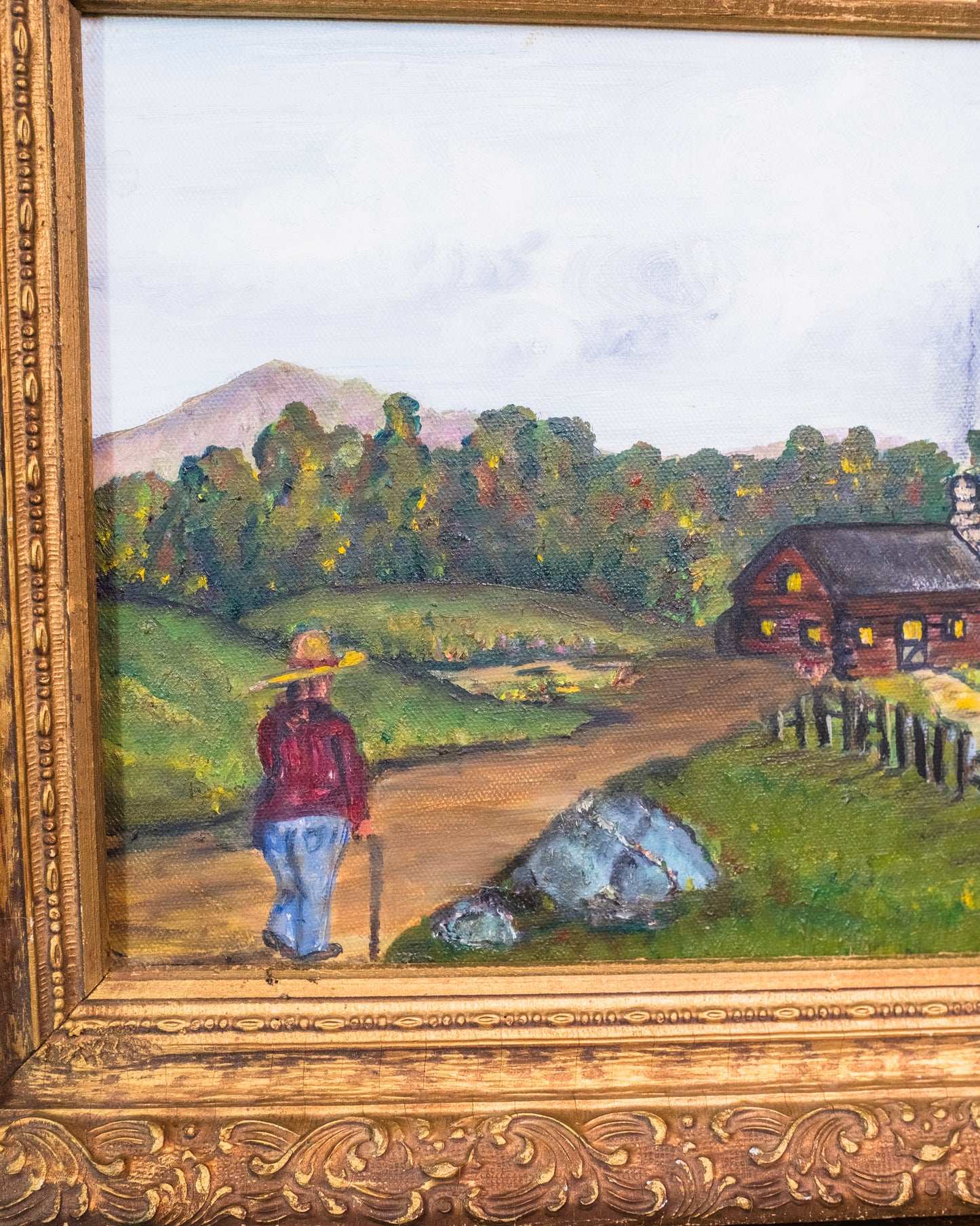 Vintage 1950s Framed "Man & His Cottage " Oil on Canvas Folk Art Painting | Signed